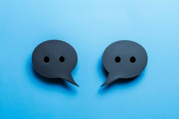 Two black speech bubbles suggesting a conversation are placed on a vibrant blue background, representing communication and dialogue