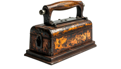 Antique box-style iron with wooden handle, heavy rust, and aged patina on a black backdrop