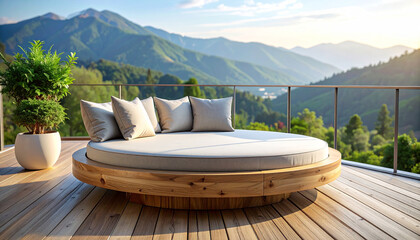 Luxurious circular outdoor daybed with pillows on a wooden deck overlooking mountains
