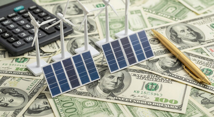 Miniature solar panels and wind turbines on a pile of US dollar bills with a calculator and pen