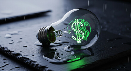 A lightbulb with a green dollar sign inside sits on a wet surface in the rain