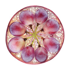 Eight red grapes arranged in a glowing circular pattern with intricate translucent detail