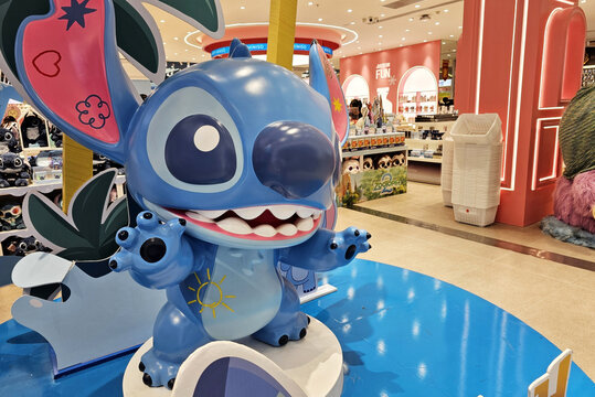 Bangkok, Thailand December 19, 2025 A cute blue Lilo and Stitch dolls display at gift shop.