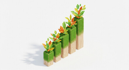 A 3D bar graph with green and orange leaves growing out of wooden blocks