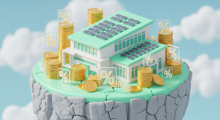 A 3D illustration of a house with solar panels on a cliff with coins and percentage signs
