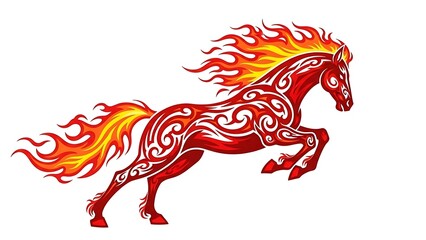 Red Fire Horse Decorative Art Stylized Tribal Design with Flaming Mane and Tail Dynamic Power