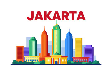 Fototapeta premium Colorful city skyline illustration with Jakarta text