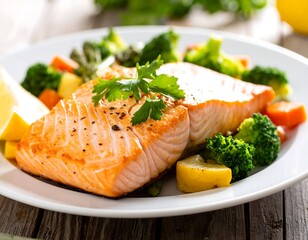 A close-up shot of a healthy meal on a white plate grilled salmon, broccoli, carrots, and a lemon wedge