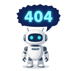 Fototapeta premium Cute robot with 404 error sign isolated.