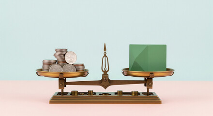 A vintage brass scale balancing stacks of coins and a green cube on its plates