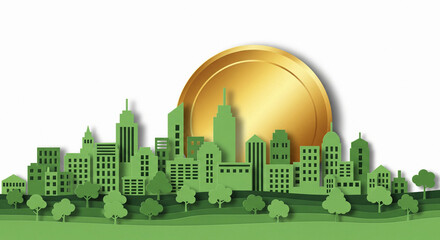 A green cityscape with a large gold coin in the background at sunset