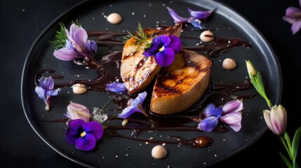 Gourmet foie gras presentation on black slate, AI generated, ideal for food blogs, restaurant menus, or luxury culinary visuals.