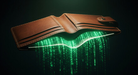 A brown leather wallet with green binary code flowing out of it digitally