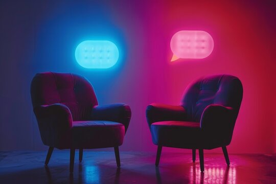 Two empty armchairs face each other, engaging in a conceptual conversation represented by neon speech bubbles in a vibrant, neon lit room - Powered by Adobe