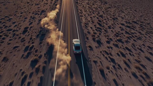 aerial highway with speeding car plume, cinematic golden hour lighting, endless scrubland, high speed chase vibe, road trip energy, drone mounted camera tracking vehicle across remote landscape