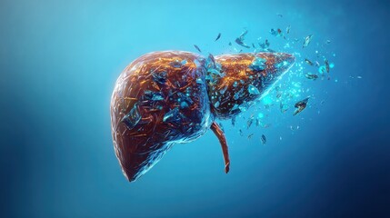 Detailed human liver anatomy on blue background, ideal for medical textbooks, health presentations, or biology education materials.