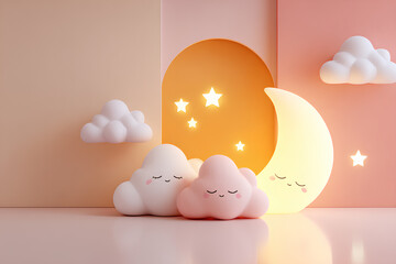 パステル調のふわふわ雲が広がる癒しの背景イラスト（3D）