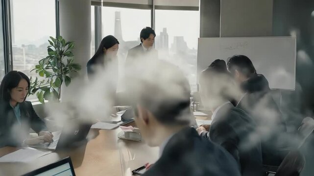 会議室で行われる日本人男女のビジネスミーティングを捉えた映像です。
スーツ姿の参加者がノートパソコンや資料を使い議論しています。
実務的で現代的なオフィス環境が特徴です。