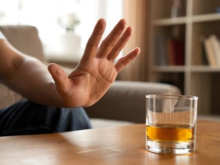 Hand Refusing Glass of Alcohol - Sobriety, Recovery, Healthy Lifestyle