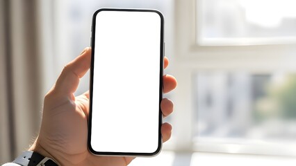 Close-up of a hand holding mobile phone with blank white screen display template for mockup.