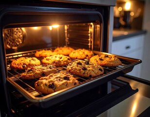 A close-up view of freshly baked cookies on a baking sheet inside a hot oven, illuminated by a warm light