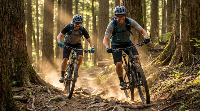 Two riders speed on forest trail. Mountain biking kicks up dust as mountain biking friends chase flow, mountain biking for worldbicycleday posts, summer adventure outdoor fitness concept - Powered by Adobe