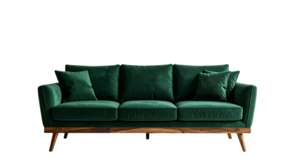 Luxurious emerald green velvet sofa with wooden legs, isolated on black background