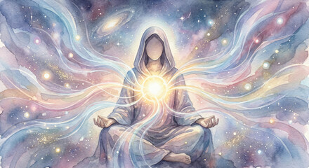 Obraz premium Radiant Spiritual Figure Meditating And Glowing with Aura and Expanding Ethereal Energy into Cosmos Watercolor Illustration JPG