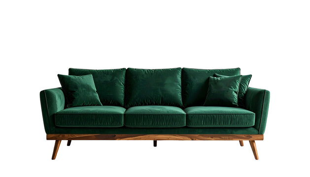 Luxurious emerald green velvet sofa with wooden legs, isolated on black background