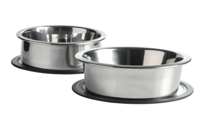 Two stainless steel pet bowls sit on black rubber mats, against a black background