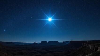 Brilliant celestial star shines intensely above a dark desert landscape featuring distant buttes under a vast nocturnal sky