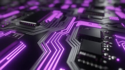 Futuristic gaming motherboard with vibrant purple neon illumination highlighting advanced circuitry and high-speed connectivity for elite