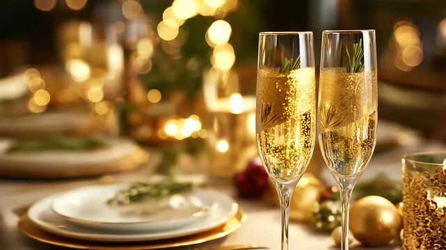 Elegant table setting with champagne flutes and golden decorations, New Year's Eve dinner party, festive tablescape, celebration dining setup, holiday entertaining style, with copy space