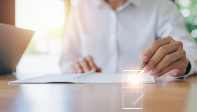 Person checking off a box on a digital interface, symbolizing task completion or selection.