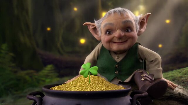 Friendly leprechaun placing four-leaf clover in gold pot in enchanted forest