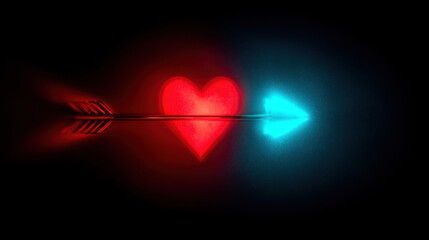 Glowing red heart pierced by cupid arrow with dramatic lighting and dark background symbolizing love passion and destiny