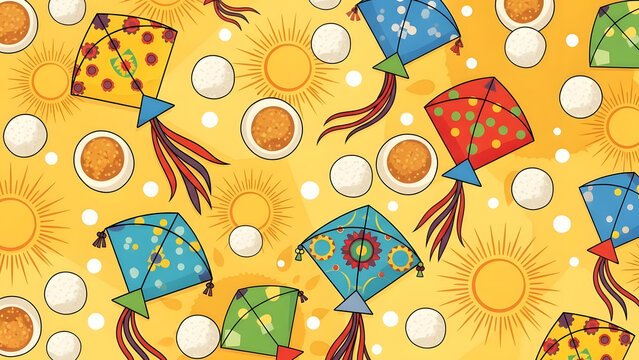 Vibrant kite festival scene with colorful kites and traditional sweets