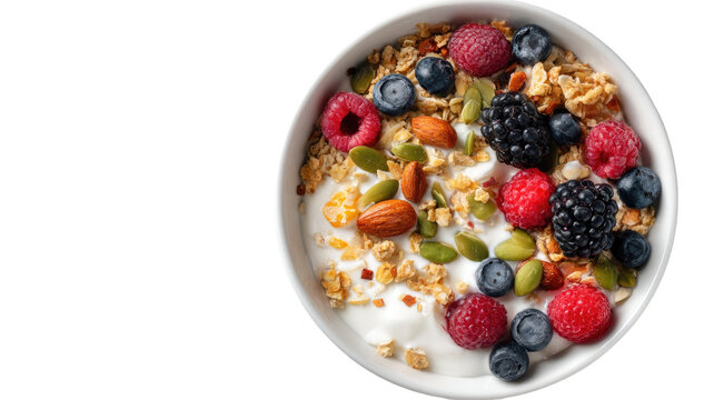 A fresh bowl of healthy breakfast muesli and cereal topped with delicious red strawberries, blueberries, and raspberries served as a sweet nutritious meal - Powered by Adobe