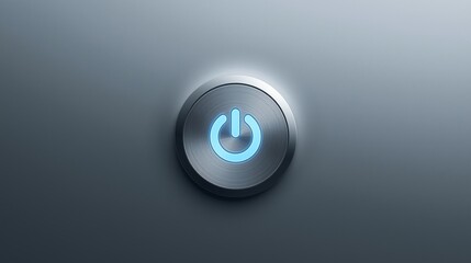 Futuristic power button icon with glowing blue light on metallic surface