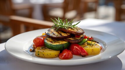 A colorful and healthy dish of grilled vegetables including zucchini eggplant tomatoes and squash garnished with rosemary
