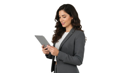 Fototapeta premium Confident young Hispanic professional analyzing data on her tablet, ready to conquer business challenges with technology