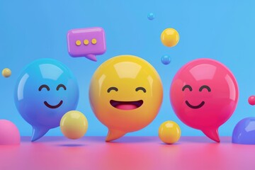 Colorful speech bubbles with smiling faces express positive emotions, sharing happiness and good news in a vibrant online chat