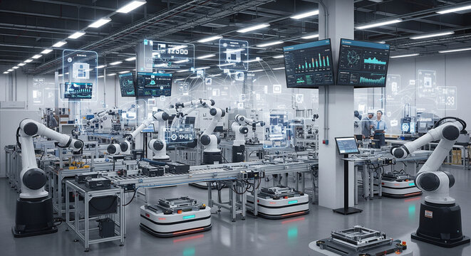 A modern factory with robotic arms and screens displaying data in a high-tech manufacturing facility - Powered by Adobe