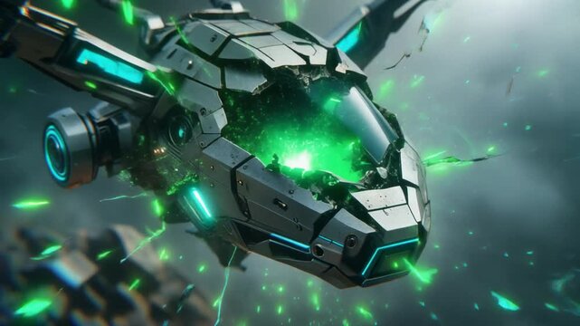 Advanced cybernetic combat drone with armored plating and radiant energy core emitting vibrant neon glow during high-intensity futuristic battle