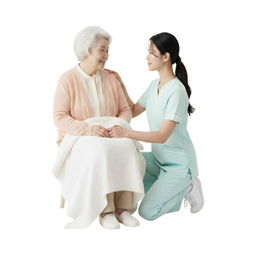Caring Asian nurse comforts senior woman with kindness and support, offering compassionate care and companionship in a serene environment of trust on transparent background