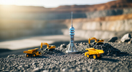 A miniature model of a city tower stands amidst toy construction vehicles on a rocky terrain