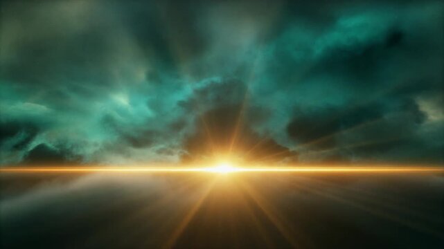 Dramatic celestial sunrise over a distant planet with intense golden rays breaking through turbulent emerald and obsidian interstellar clouds in