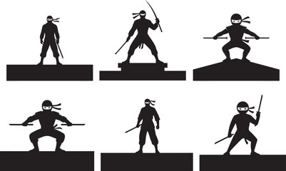 Set of Ninja Standing on Rooftop Silhouette &ndash; Black and White Vector Illustration