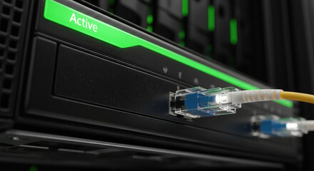 A close-up view of an active network switch with a green light and Ethernet cable