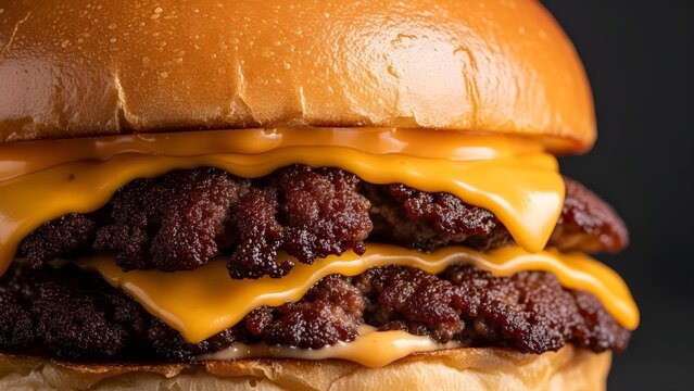 Extreme Close-up of Juicy Double Smash Burger with Melting Cheddar Cheese on Toasted Brioche Bun